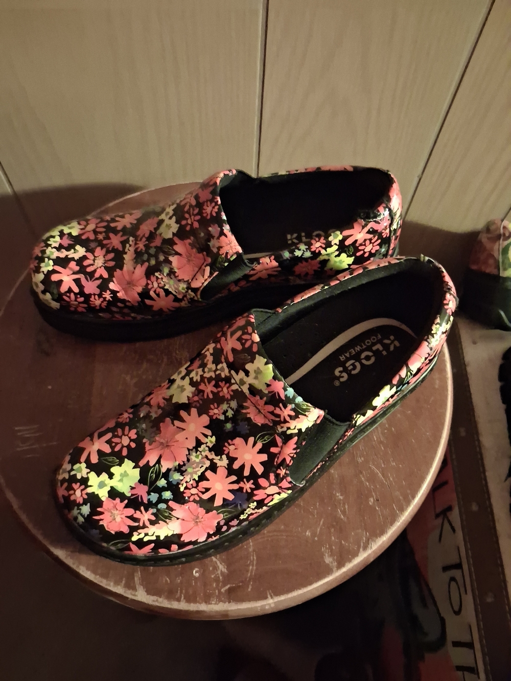 Klogs Women's Floral Slip-On Clog - Black with Pink & Neon Green Flowers